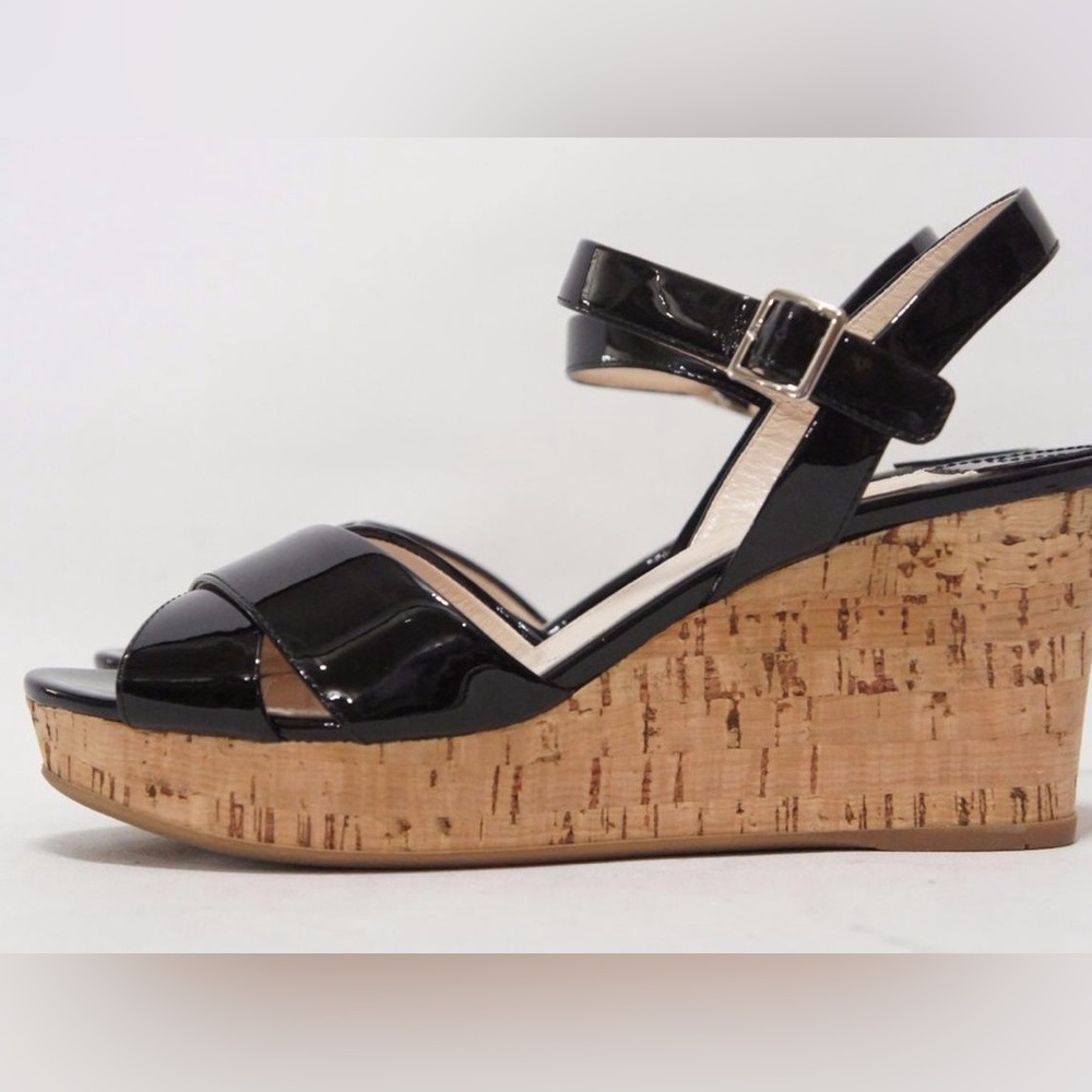 Prada Black Patent Leather Cork Wedge Sandals